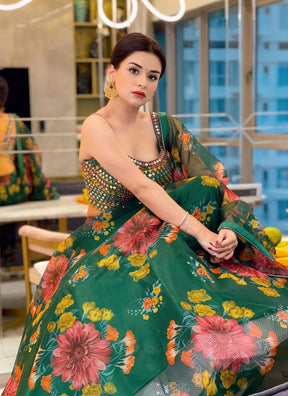 Green Designer Embroidered Attractive Party Wear Organza Material Lehenga Choli SI 61