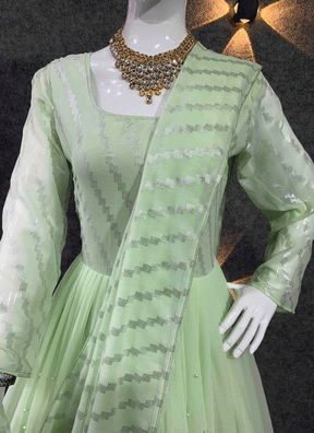 Green Women Charming Ethnic Motifs Gown