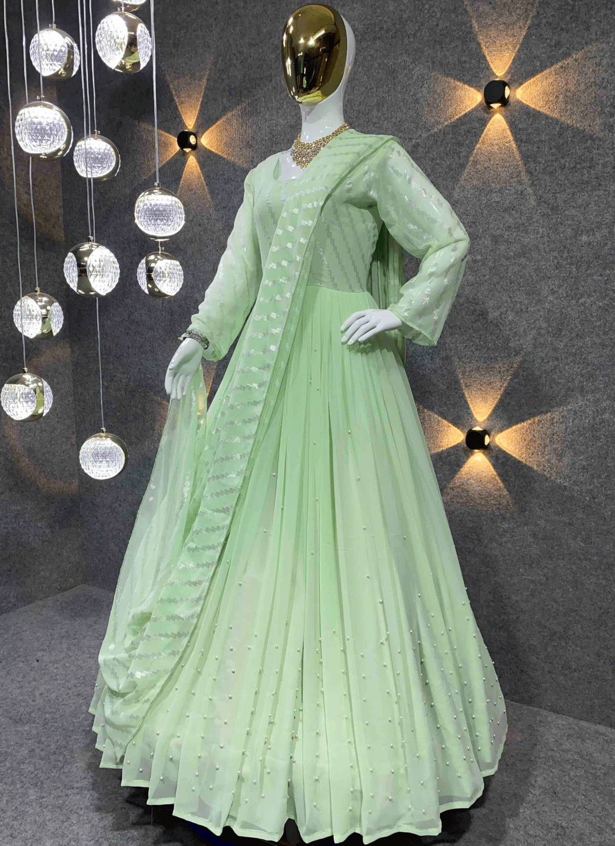 Green Women Charming Ethnic Motifs Gown