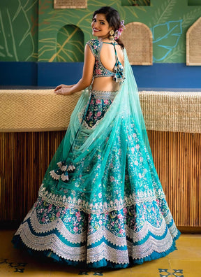 Aqua Blue Designer Partywear Embroidered Work Malay satin Material Bridesmaid Lehengas SI 299