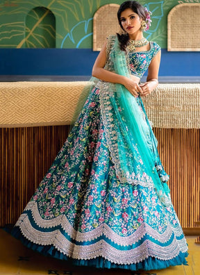 Aqua Blue Designer Partywear Embroidered Work Malay satin Material Bridesmaid Lehengas SI 299