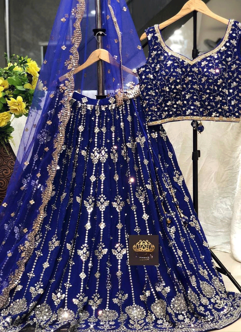 Blue Designer Partywear Embroidered Work Fox Georgette Material Bridesmaid Lehengas SI 531