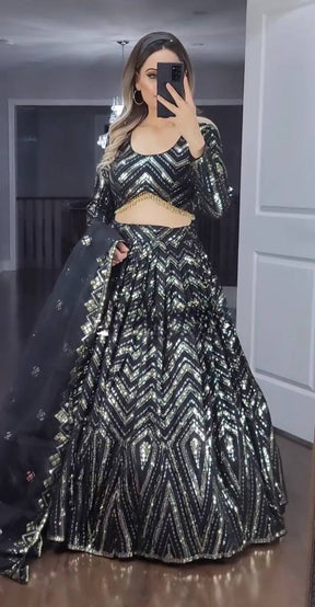 Classy Black Designer Partywear Embroidered Work Bridesmaid Lehenga choli SI 1107