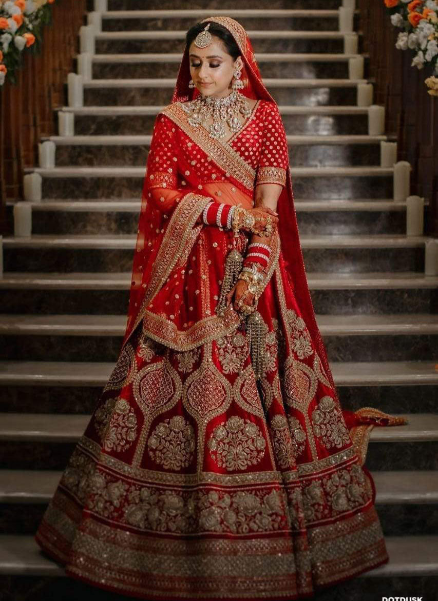 Red Colored Bridal Malay satin Lehenga Choli With Hand and Embroidery Work HLC 12