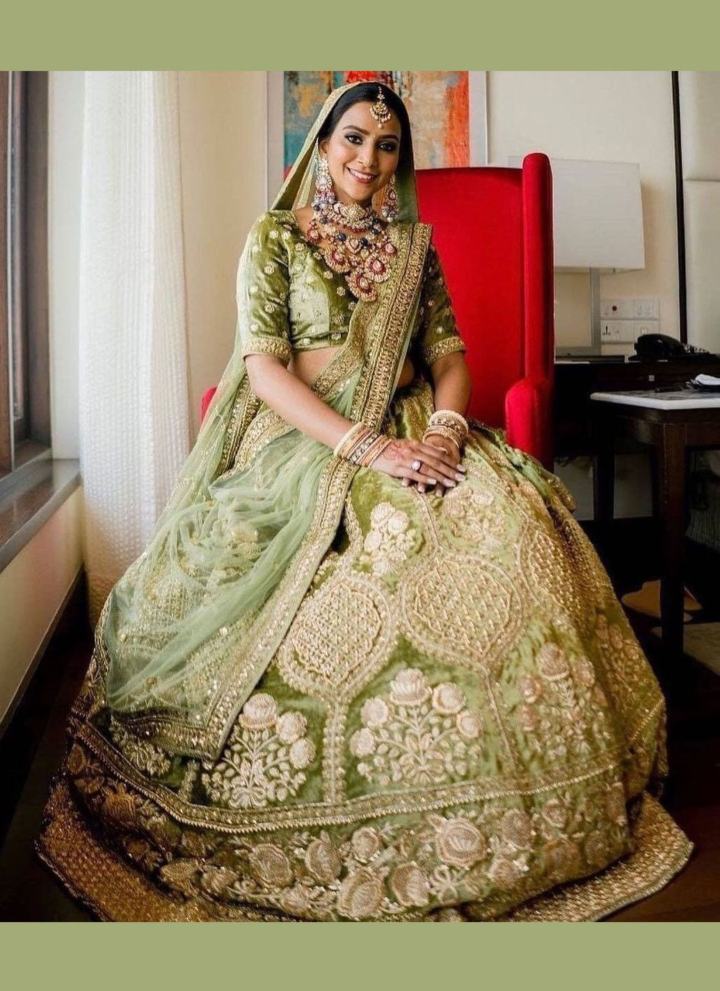 Green Colored Bridal Malay satin Lehenga Choli With Hand and Embroidery Work HLC 13