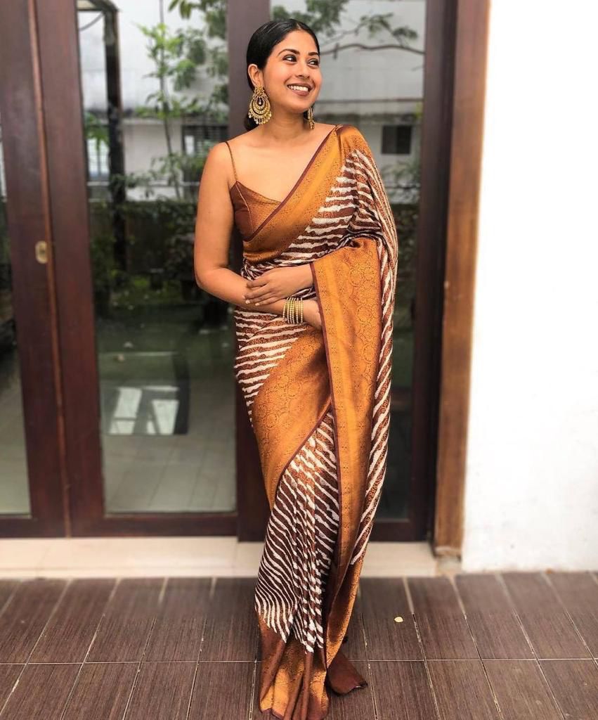 Brown Soft Lichi Silk Striped Saree