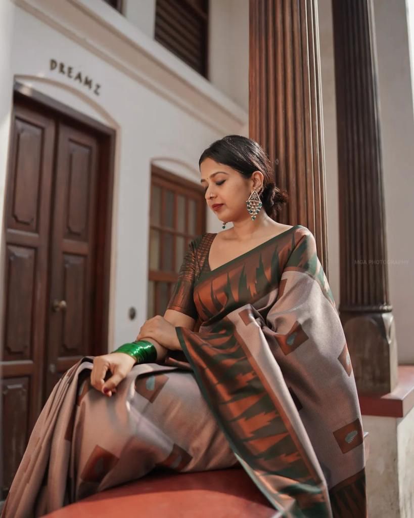 Traditional Grey Soft Lichi Silk Jacquard Work Saree