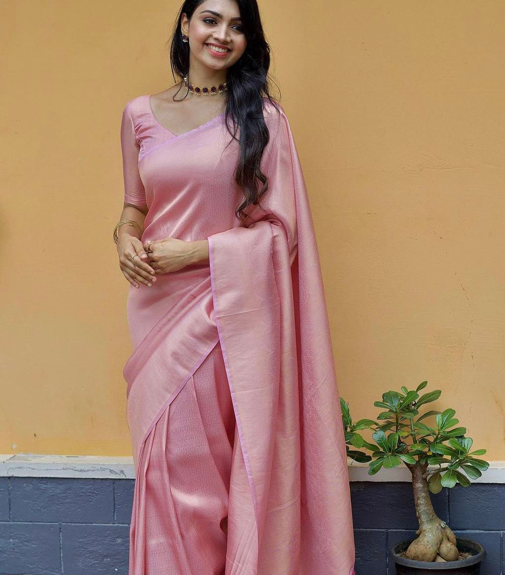 Pink Banarasi Soft Lichi Silk Saree