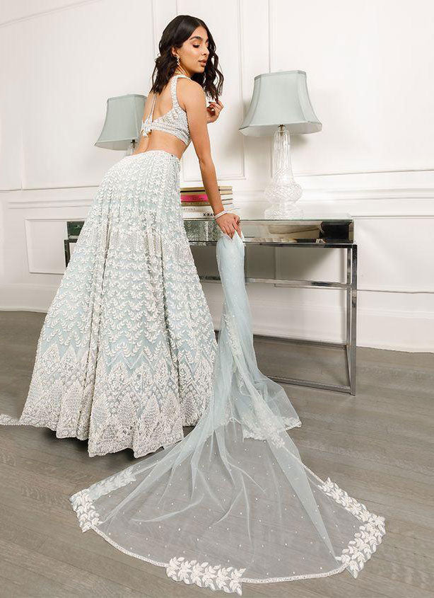 White Colored Bridal Net With Silk Material Lehenga Choli With Embroidery Work HLC 09