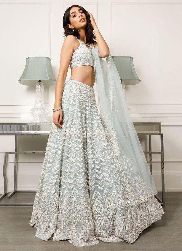 White Colored Bridal Net With Silk Material Lehenga Choli With Embroidery Work HLC 09