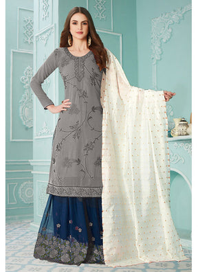 Grey Fancy Georgette With Soft Silk Inner Semi-Stitched Designer Gown Suit