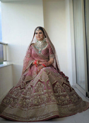 Pink Colored Bridal Malay satin Lehenga Choli With Hand and Embroidery Work HLC 11