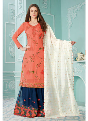 Red Georgette With Soft Silk Inner Semi-Stitched Designer Gown Suit