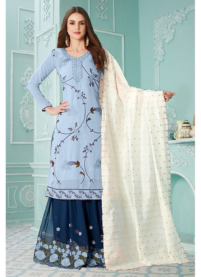 Blue Fancy Georgette With Soft Silk Inner Semi-Stitched Designer Gown Suit