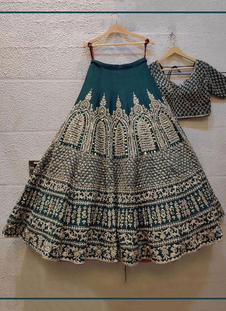 Drasty Green Embroidered Attractive Party Wear Malay satin Material With Stone work Lehenga SI 282