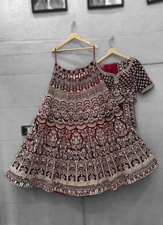 Maroon Colored Bridal 9000 Velvet material Lehenga Choli With Hand and Embroidery Work HLC 06